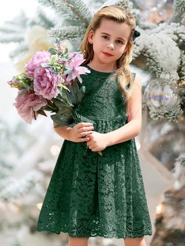 ALLOVIN Girls & Toddlers Sleeveless A-Line Lace Party Dress Birthday Wedding & Flower Girl Dress with Beaded Bowknot | Dark Green | 3-4T - Thumbnail 2
