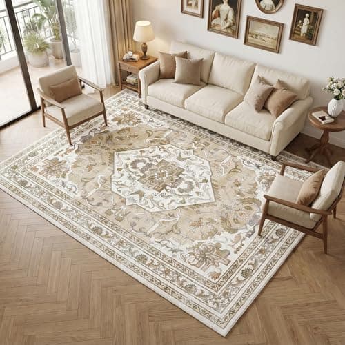Cnythlis Washable Area Rug, Water Resistant Non-Slip Rug, Distressed Medallion Carpet for Living Room Dining Room, Soft Faux Wool Foldable Floor Mat, 0.26" Low Pile, Beige & Ivory, 6’x 9’ - Image 1