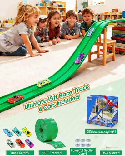 MATELOTI Flex Track 15 Ft Flex Race Car Track with 6 Toy Cars, Portable DIY Racetrack Compatible Diecast 1/64th Cars for Ages 3 Up with Suction Cups, Birthday Gifts for Boys(Green) - Thumbnail 5
