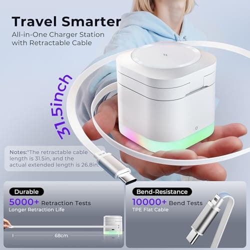 5 in 1 Wireless Charger, Foldable Wireless Charging Station with Night Light for Apple Magnetic Charger, Retractable Cable Fast Charger Stand for iPhone 17/16/15/14/13/12, Apple Watch, AirPods Pro 3 - Thumbnail 3