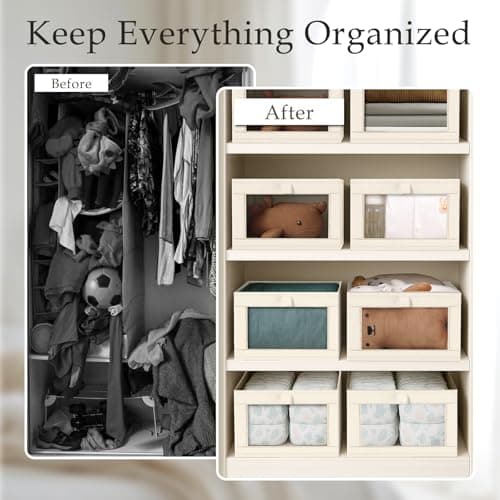 Criusia Closet Organizers and Storage, 4 Pack Linen Closet Baskets with Mesh Window for Organization, Foldable Closet Organizer for Clothing, Towels, Toys, Nursery, Books, Shelves, Beige - Thumbnail 2