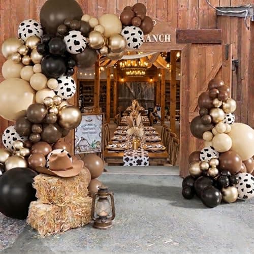 JOYFLOAT Western Cowboy Brown Balloon Garland Arch Kit, Neutral Gold Dusty White Cow Print Balloons for Western Baby Shower Decorations Birthday Farm Wild West Cowgirl Party Decoration - Thumbnail 4