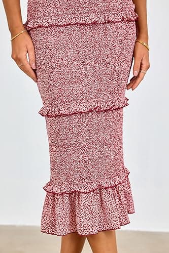 dowerme Women Summer Casual Floral Midi Smocked Bodycon Dresses Spaghetti Strap Square Neck Ruffle Mermaid Prom Dress(Red,Medium) - Thumbnail 5