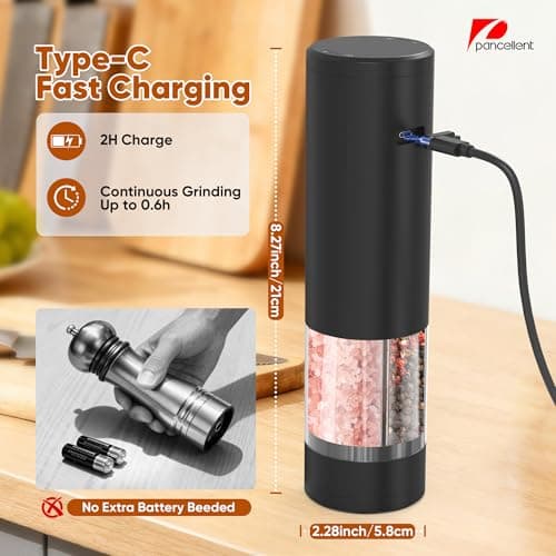 2 in 1 Electric Salt and Pepper Grinder Set (USB Rechargeable), Automatic Salt and Pepper Mill with LED Lighting, One-Handed Operation Adjustable Coarseness - Perfect for Kitchen, BBQ Gifts (Black) - Thumbnail 2