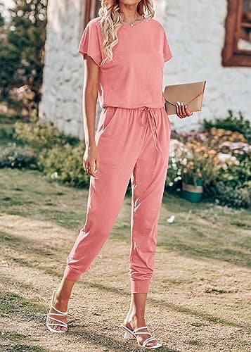 KIRUNDO Jumpsuits for Women Summer 2026 Casual Short Sleeve One Piece Outfits Drawstring Waist Long Pants Romper Jumpers(Light Pink, Small) - Thumbnail 5