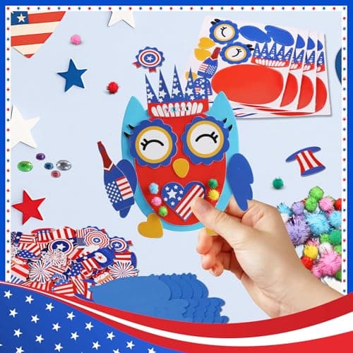 4th of July Patriotic Owl Craft Kits for Kids,36 Sets Owl Foam Shapes Stickers,Make Your Own Crafts Supplies with Red White Blue Flag Star for Classroom Activities,School Patriotic Party Favors - Thumbnail 5