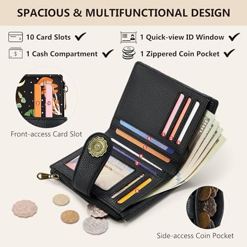 Chelmon Mushroom Butterfly Small Wallet Woman RFID Blocking, PU Leather Bifold Credit Card Ladies Wallets with ID Window, Cute Zipper Coin Pocket Purse for Girls - Thumbnail 4