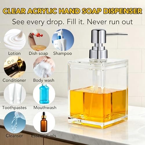 Acrylic Clear Soap Dispenser with Rust Proof Pump- 16.9 oz Square Hand Dish Soap Dispenser for Bathroom Kitchen, Modern Refillable Plastic Liquid Hand Soap Dispenser, Shampoo Detergent Bottle - Thumbnail 5