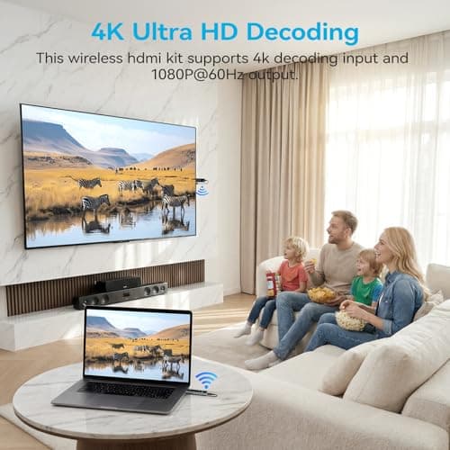 2026 New Wireless HDMI Transmitter and Receiver, 360FT/110M Extender 4K Decode 1080P@60Hz Output with LED Display, Plug&Play 5.8+2.4G Streaming Video/Audio from PC/Laptop/TV Box to Monitor - Thumbnail 6