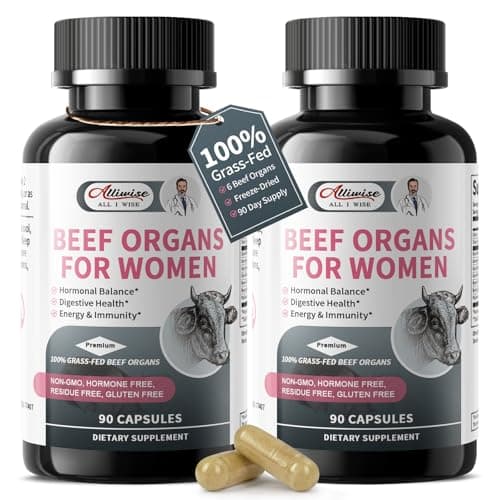 Alliwise 2 Pack Beef Organ Supplement for Women - Supports Female Hormonal Balance, Energy & Overall Wellness, 100% Grass Fed Beef Organs Complex: Liver Uterus* Heart & 3 More, (2 Capsules Daily)