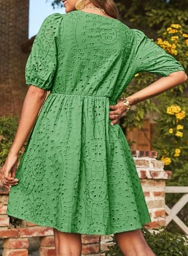 Dokotoo Dark Green Dress Women 2026 Fashion V Neck Embroidered Summer Dress Elegant Hollow Out Eyelet Tie Front Cotton Dress Short Sleeve Casual A Line Mini Dresses X-Large - Thumbnail 3
