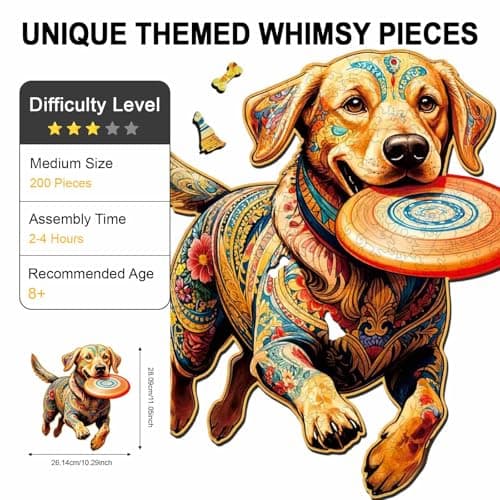 Wooden Puzzle for Adults, Dog with Frisbee Wooden Jigsaw Puzzle 200 Piece, Unique Animal Shaped Wood Cut Puzzles, Fun Challenging Labrador Retriever Puzzles for Adults Family Game Wall Decor 10.3*11in - Thumbnail 2
