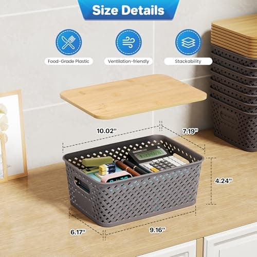 Anysig 8 Packs Plastic Storage Bins with Bamboo Lids - Stackable Storage Bins Decorative Small Basket Containers for Organizing Shelves Office Classroom Desktop Closet, Grey - Thumbnail 2