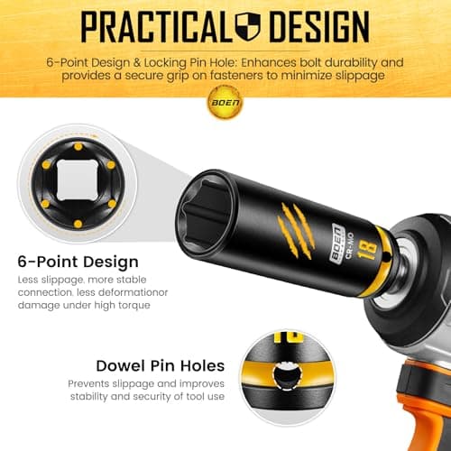 BOEN 12-Piece 1/2" Drive Deep Impact Socket Set, Metric Sockets (8-19mm), 6-Point CR-MO Steel with Deep Embossed and Painted Marking - Thumbnail 6