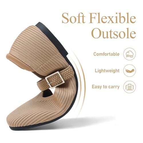 CELNEPHO Brown Mary Jane Flats for Women Square Toe Ballet Flats Shoes Comfortable Dressy Knit Flats for Women Arch Support Slip On Washable Casual Office Shoes Black Size - Thumbnail 4