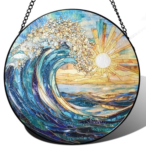 The Ocean Waves and The Sunrise Suncatcher -7.9 in Stained Glass Window Hanging Sun Catcher Garden Decor - Image 1