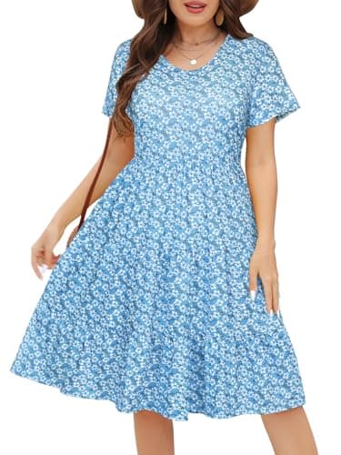 Younrui Plus Size Midi Floral Dress for Women Tiered Flowy Babydoll Casual Summer Wedding Guest Aline Dresses (1XL-1001-Blue Daisy) - Image 1