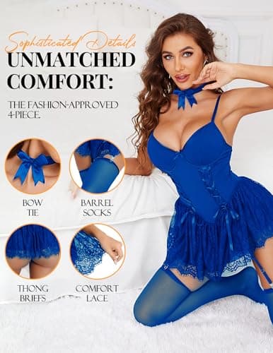 Tidouk Women's Sexy Lingerie Set,4-Piece Lace Babydoll Underwire Lingerie Set with Bow tie & Panty & Garter Stockings Blue - Thumbnail 3