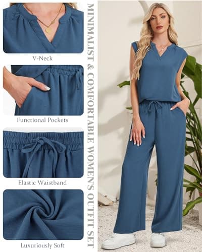 IEEILULU Two Piece Set for Women Summer Spring Outfits V Neck Sleeveless Tank Tops Wide Leg Pants Sets Vacation Travel Outfits Matching Sets (Blue, L) - Thumbnail 2