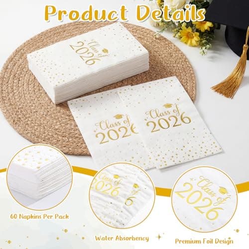 NatNarr 60 Pcs 2026 Graduation Napkins, Class of 2026 Disposable Hand Towels for Bathroom Gold Foil Dots Dinner Guest Napkins for High School College Congrats Celebration Party - Thumbnail 3