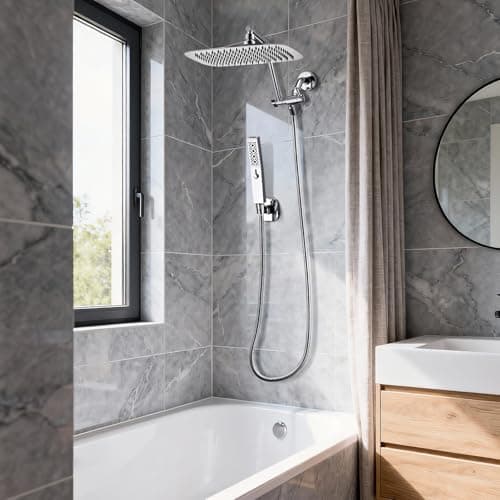 G-Promise All Metal 12 Inches Rain Shower Head with Handheld Spray Combo Build-in Power Wash Mode, Ideal for Modern Bathroom Upgrade (1.8 GPM) - Thumbnail 2