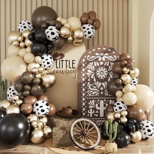 JOYFLOAT Western Cowboy Brown Balloon Garland Arch Kit, Neutral Gold Dusty White Cow Print Balloons for Western Baby Shower Decorations Birthday Farm Wild West Cowgirl Party Decoration