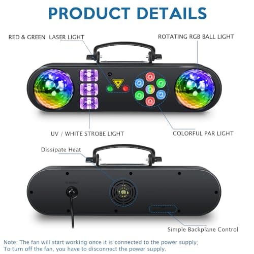 Telbum DJ Lights with Stand, 5 in 1 Party Bar Light Set with Rotating Ball, Strobe, UV, Colorful LED Par Light and Pattern, Sound Activated DJ Lighting System for Disco Stage Gig Band Wedding - Thumbnail 6