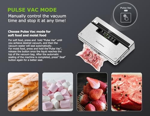 Bonsenkitchen Vacuum Sealer Machine, Stainless Steel Food Sealer Vacuum Sealers with 1 Roll & 5 Bags, 5 Food Vacuum Modes, Built-in Cutter & Bag Storage (Silver Black) - Thumbnail 4