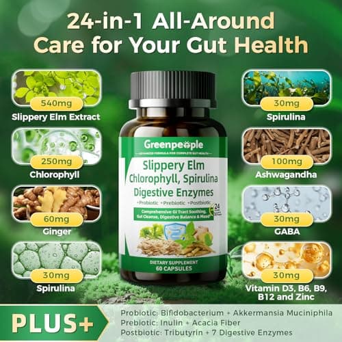 GREENPEOPLE Digestive Enzymes for Women & Men - Gentle Gut Health & Cleanse Capsule with Slippery Elm, Chlorophyll, Spirulina, Probiotics Complex - Complete Sensitive Gut Supplement 60 Count 2 Packs - Thumbnail 4