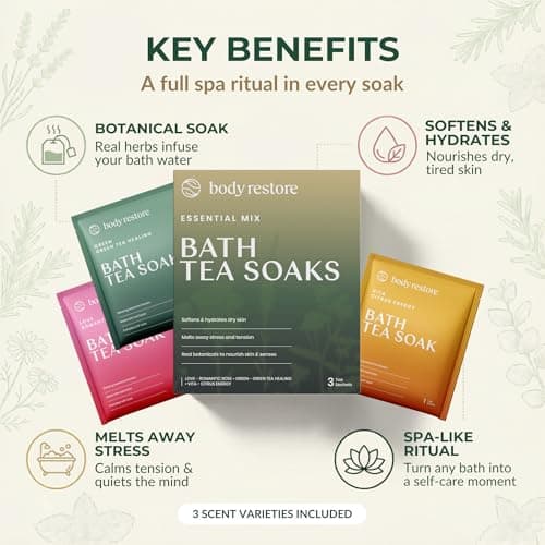 Body Restore Bath Tea Soaks Gift Set – Spa Gifts for Women, Mom, Wife & Self Care Lovers – Relaxing Botanical Bath Sachets for Stress Relief & Hydrated Skin – Essential Mix (3 Pack) - Thumbnail 2