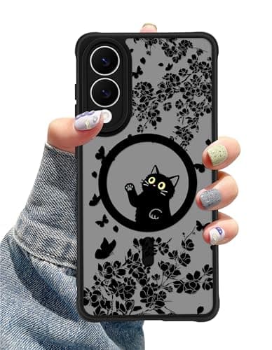 Aitipy Compatible with MagSafe Case for Samsung Galaxy S25 Edge, Cute Black Cat Flower Aesthetic Magnetic Design Phone Case, Soft TPU Protective Phone Cover for Women Girls-Black
