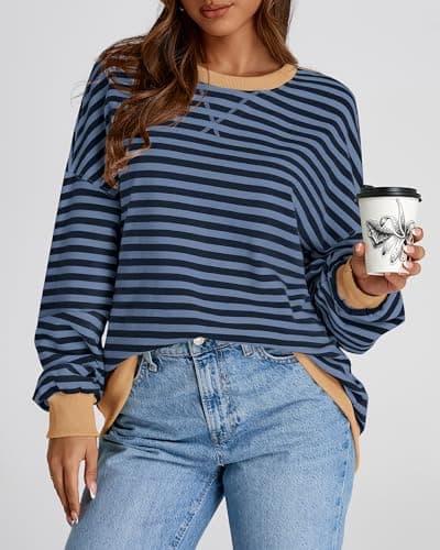 BTFBM Sweatshirt For Women 2026 Summer Crewneck Long Sleeve Oversized Striped Pullover Tops Y2K Clothes Workout Shirt(Blue Navy, X-Large) - Thumbnail 6