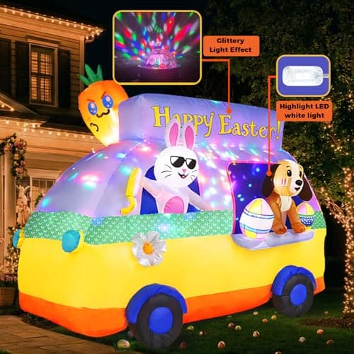 GIFTFIND 7.3FT Long Easter Inflatables Outdoor Decorations - Bunny and Dog Riding Bus, Build-in LED Lights Holiday Blow Up Yard Decoration, for Patio Garden Lawn Party Celebration Decor - Thumbnail 5