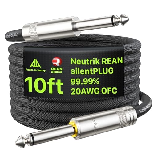 AA AUDIO ACCESSORY Silent Guitar Cable 10 ft, Neutrik REAN silentPLUG, Hot-Swapping Guitars Without Pop, Kevlar-Reinforced Auto Mute 20 AWG 99.99% OFC 1/4 Instrument Cable, Nylon Braided Amp Cord