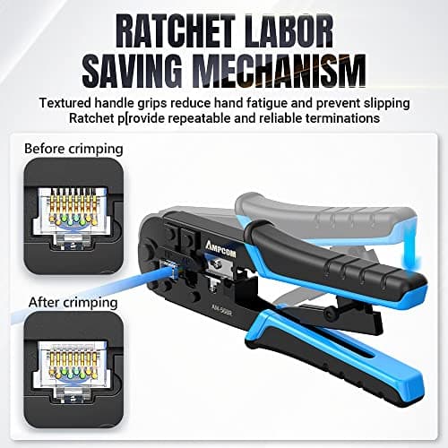 AMPCOM RJ45 Crimping Tool, 8P/6P-RJ11, RJ12 Crimper Cutter Stripper AM-568R - Thumbnail 4