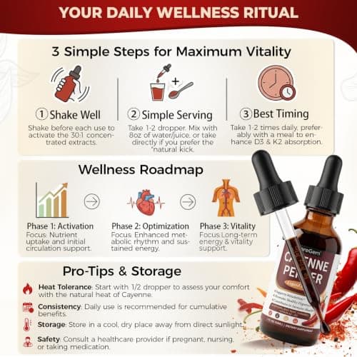CareGem Cayenne Pepper Drops with Vitamin D3 K2 MK-7-30:1 Organic Beetroot & Hawthorn - Advanced Circulation & Blood Flow Support - Berberine, Turmeric, Panax Ginseng - 2 Fl Oz - Thumbnail 5
