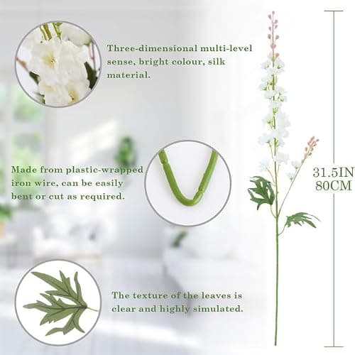 LILUYTO 6PCS White Delphinium Artificial Flowers, Long Stem Faux Larkspur Silk Flowers, 33.5" Bendable Fake Flowers Bouquets for Tall Vase Table Kitchen Home Offices Garden Wedding Decor - Thumbnail 2