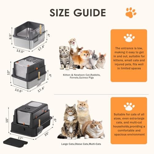 Stainless Steel Litter Box with Lid: Enclosed Cat Litter Box for Small Cats & Kitten, Metal Kitty Litter Pan with High Sided Enclosure, Include Scoop & Mat, Odor Control, Anti-Leakage - Thumbnail 2