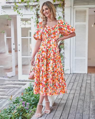 BTFBM Summer Dresses for Women 2026 Spring Outfits Beach Vacation Short Sleeve Smocked Boho Casual Floral Maxi Dress(Floral White Red, Large) - Thumbnail 3
