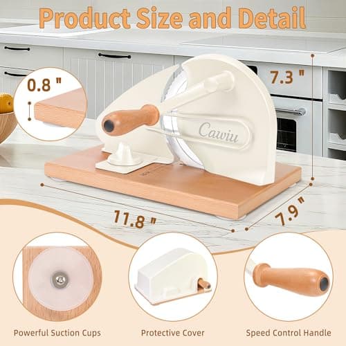 CAWIU Upgraded Manual Bread Slicer for Homemade Sourdough Bread - Adjustable Thickness Bread Cutter with Hand Crank, Suction Cups, Slicing Guide, Scale Line & Cover, for Perfect Even Slices (Cream) - Thumbnail 2