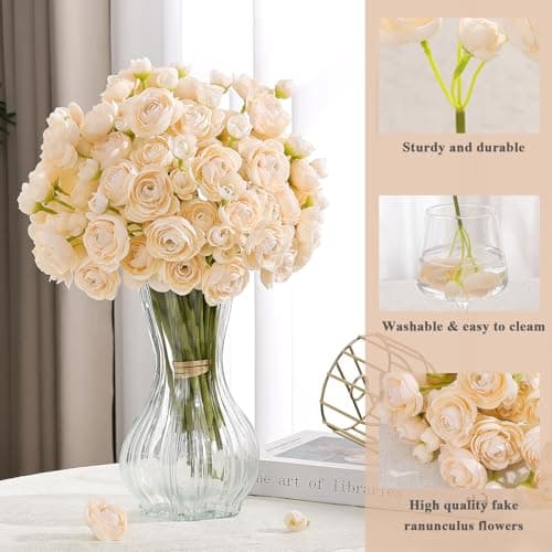 U'Artlines Ranunculus Artificial Flower, 40 Pcs Mini Ranunculus Bulk Flowers for DIY Bouquet Home Office Centerpieces Arrangements Bridal Shower Wedding Decorations Creamy - Thumbnail 6
