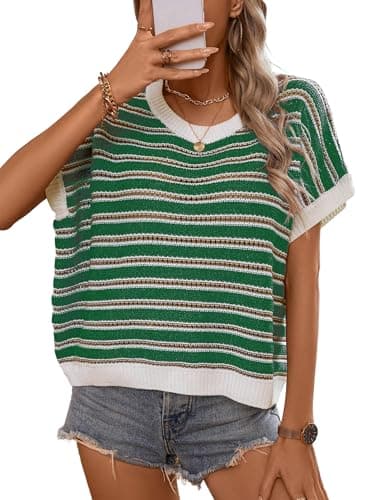 RICHSTORY Short Sleeve Sweaters for Women 2026 Casual Cap Sleeve Pullover Crochet Tank Tops Trendy Crewneck Sweater Vest Teacher Outfits Summer Clothes Green Medium - Image 1