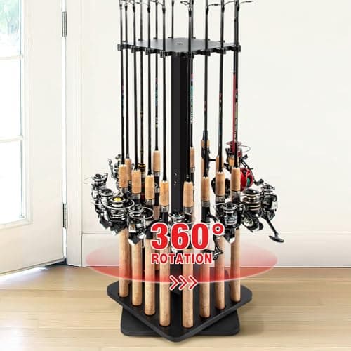 Ghosthorn Fishing Rod Holders for Garage 360 Degree Rotating Fishing Pole Rack, Floor Stand Holds up to 16 Rods Wood Fishing Gear Equipment Storage Organizer, Fishing Gifts for Men Women - Image 1