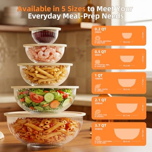 Jelife Glass Mixing Bowls with Lids Set - 5 Packs, Borosilicate Nesting Glass Bowls (3.7-2.1-1-0.5-0.2QT) for Baking, Salad, Meal Prep, Serving, Food Storage, BPA Free & Dishwasher Safe - Thumbnail 2