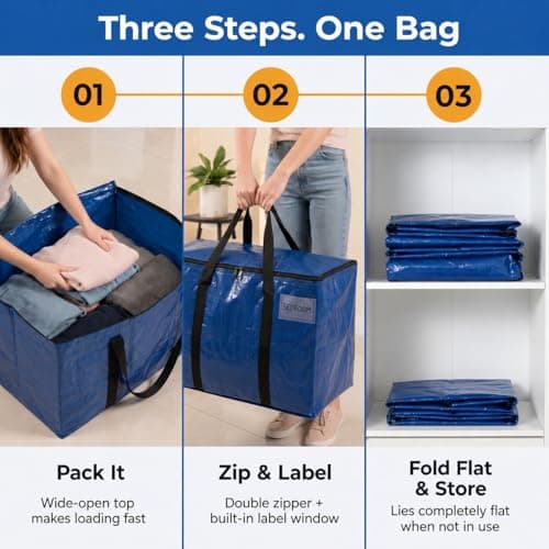 ClearSpace Heavy Duty Moving Bags or Storage Bag – Large Moving Boxes with Backpack Straps, Zippers & Handles – Perfect for Moving, College Dorm, Traveling, Camping, Christmas Decorations, 6 Pack - Thumbnail 6