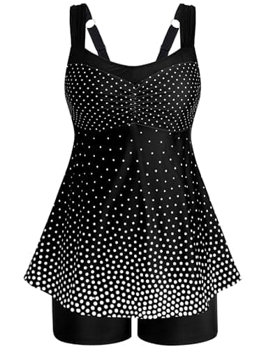HUAKARY Women's Tankini Swimsuits Adjustable Wide Strap Conservative 2 Piece Tummy Control Bathing Suits Large Black White Polka Dot - Image 1