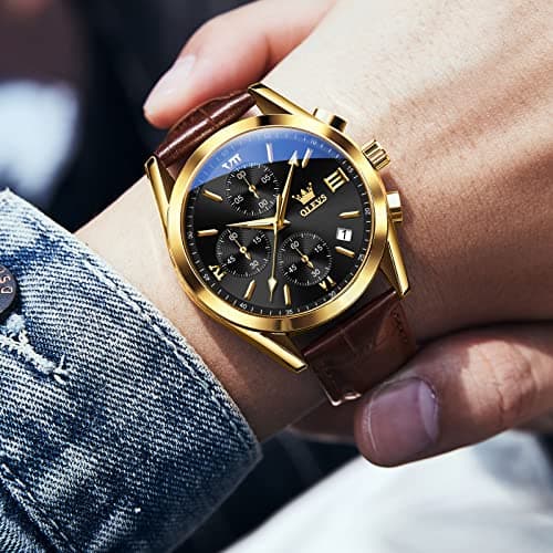 OLEVS Mens Watches Brown Leather Strap Black Face Chronograph Wrist Luxury Casual Watches for Men Waterproof Luminous Analog Quartz Nice Men Watch Relojes para Hombres - Thumbnail 2