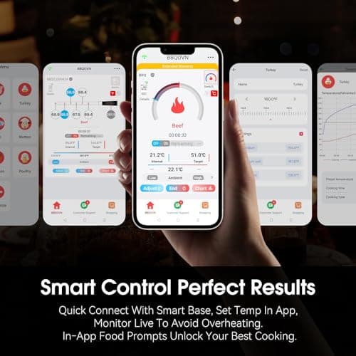BBQOVN Smart WiFi Wireless Meat Thermometer, Sub-1G 656FT Range, 7-Sensor Probe, Standalone LED Base, IP68 Waterproof, APP Remote for BBQ Grill Smoker Oven - Thumbnail 5