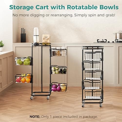 Ocyfym 5 Tier Kitchen Fruit Vegetable Storage Cart with One-Piece Rotating Basket, Pantry Organizer Shelf Rack Floor Stand for Veggie Onion Potato Produce Spice, Rolling Snack Cart on Wheels, Black - Thumbnail 2