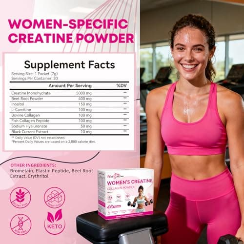Women‘s Creatine Powder Travel Packets: Creatine Monohydrate Collagen Packs for Pre Workout Muscle Growth & Recovery Skin Elasticity Energy Metabolism with Inositol Beet Root Raspberry Flavor 30 Packs - Thumbnail 2